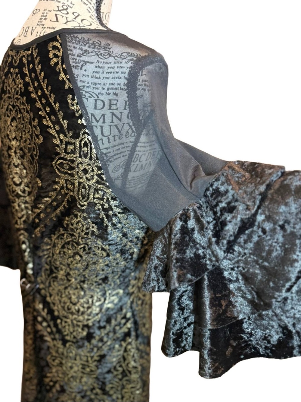 VENUS Gold Sequin Black Velvet Midi Dress Sheer Ruffle Sleeve Side Slit - L - Picture 10 of 15